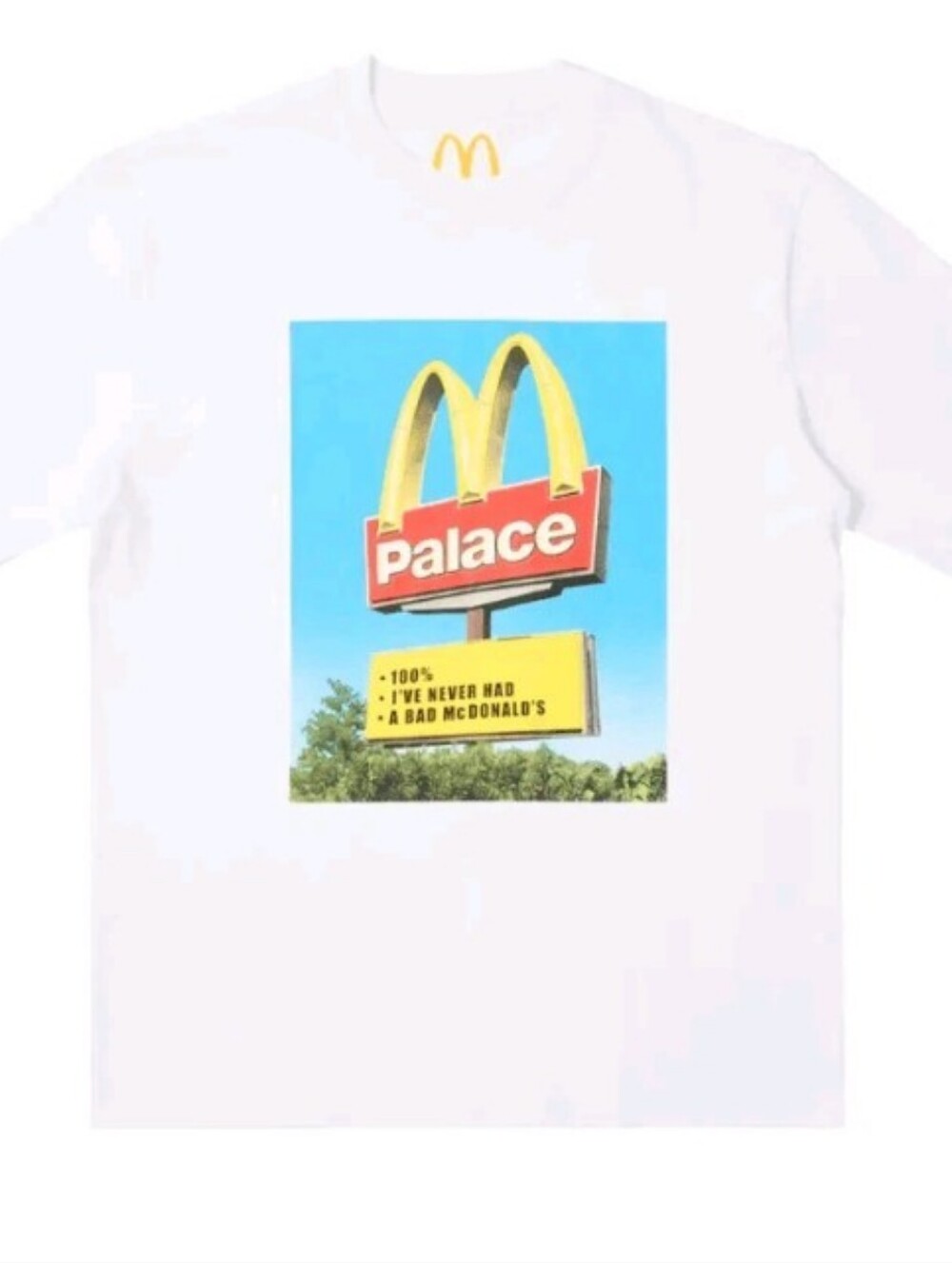 PALACE White Tee with Yellow & Red Sign Graphic Small NWOT